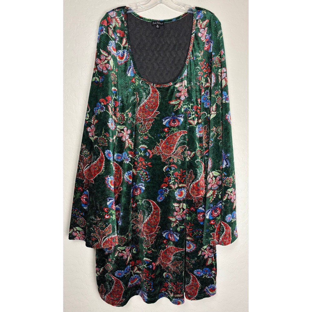 Smak Parlour Unique Vintage Green Floral Velvet Bell Sleeve Dress XL 2389